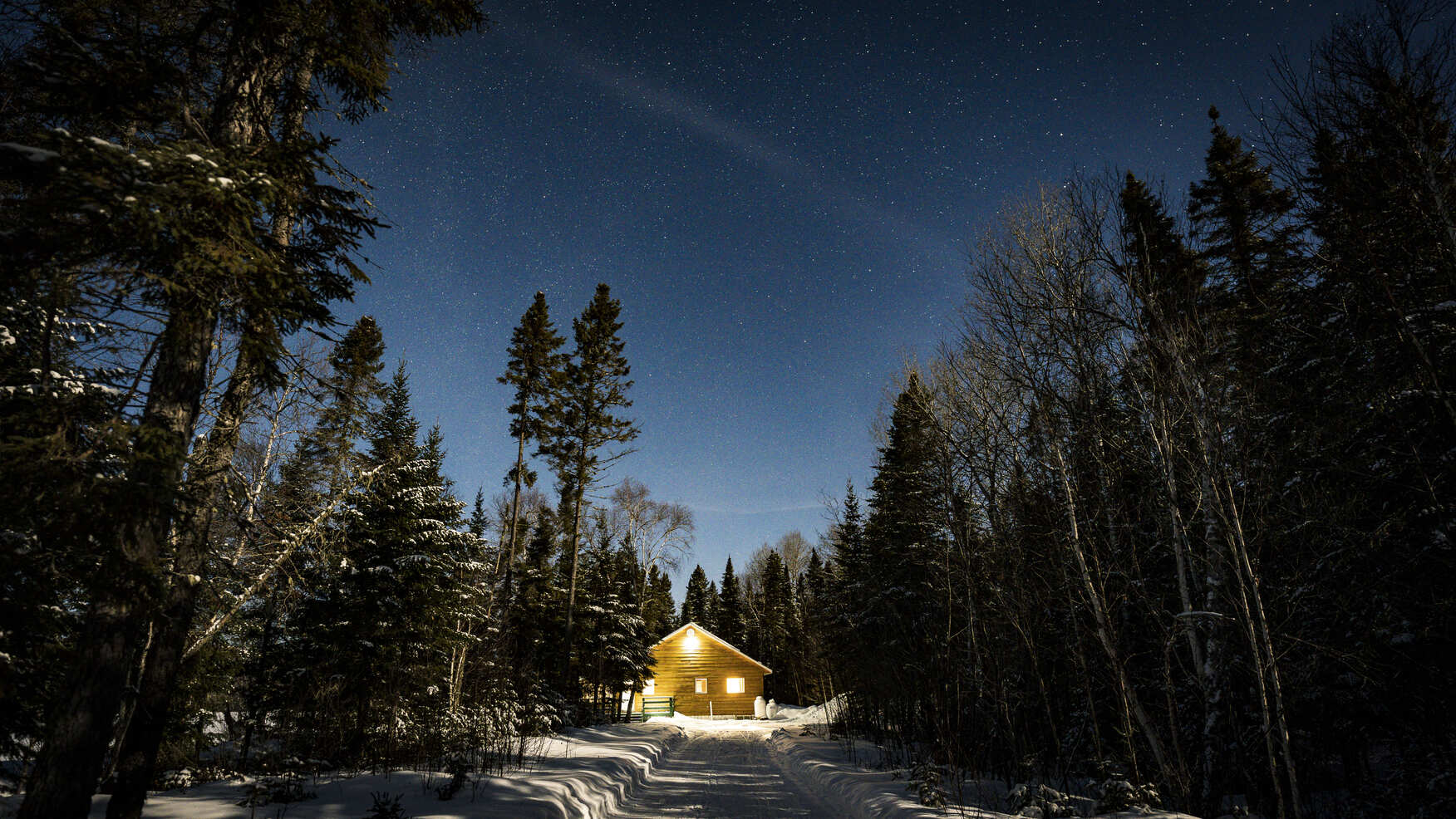 Cabane en bois illuminée dans la forêt sous un ciel étoilé en hiver