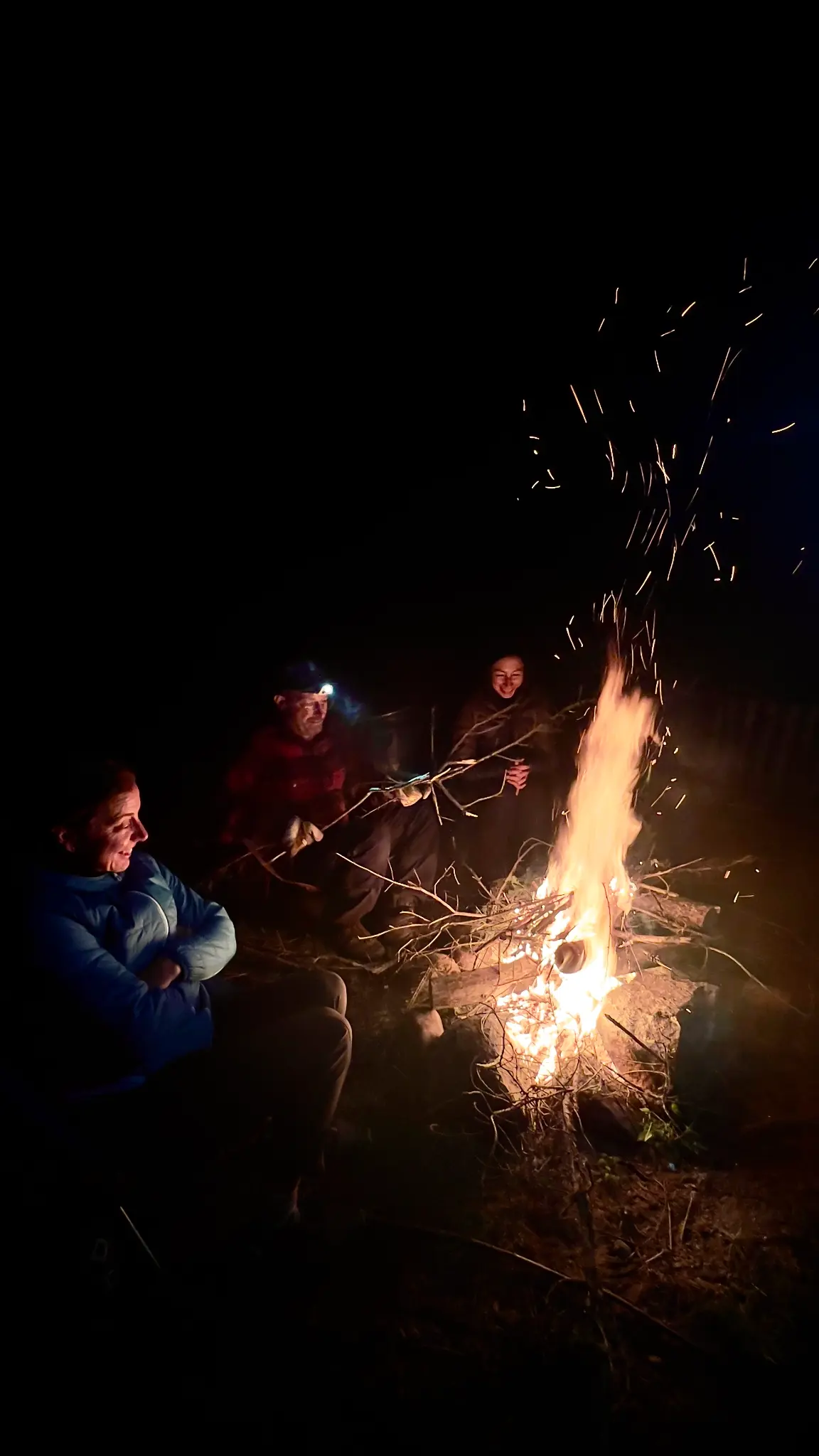 Soirée au feu de camp dans la nuit — plein air